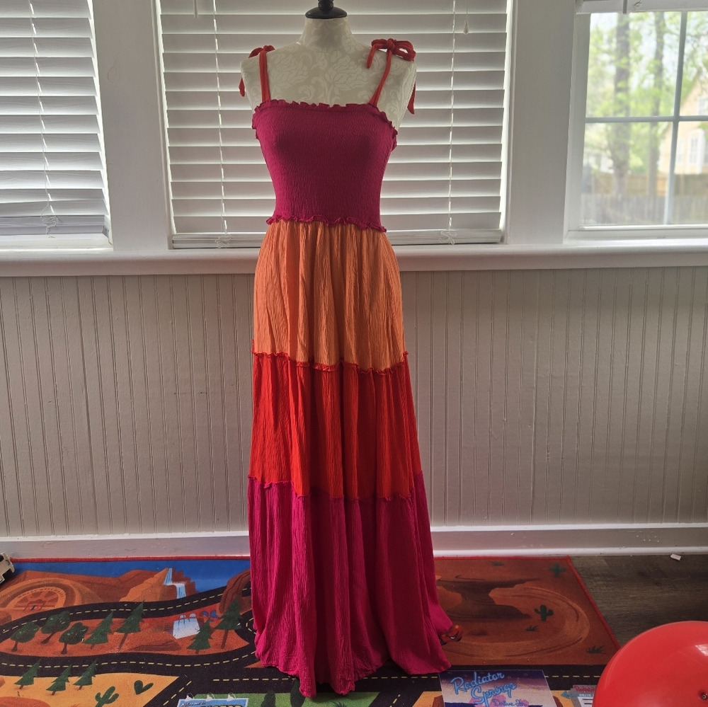 Tiered Pink, Orange and Red Maxi Dress with Tie Straps